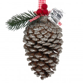 Χριστουγεννιάτικο Στολίδι Δέντρου Κουκουνάρι Ασημί Glitter Καρό Κορδέλα Δώρο Κλαδί Berries 12 cm