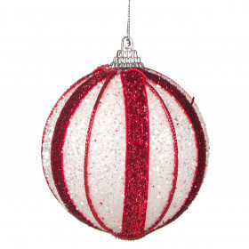 Χριστουγεννιάτικο Στολίδι Δέντρου Μπάλα Αφρώδης Λευκή Κόκκινη Ριγέ Glitter 8 cm