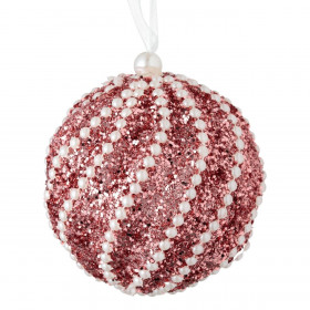 Χριστουγεννιάτικο Στολίδι Δέντρου Μπάλα Αφρώδης Ροζ Glitter Λευκές Πέρλες 8cm