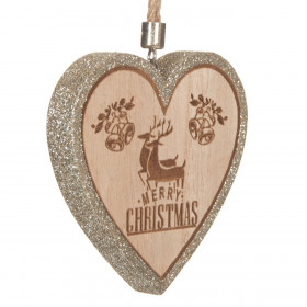 Χριστουγεννιάτικο Στολίδι Δέντρου Ξύλινη Καρδιά Σαμπανί Glitter 11 cm
