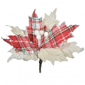 Χριστουγεννιάτικο Λουλούδι Κλιπ Αλεξανδρινό Κόκκινο Κρεμ Καρό Λινό Χιόνι 25 cm