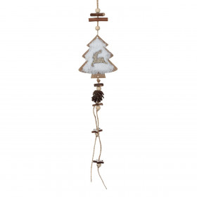 Χριστουγεννιάτικο Στολίδι Δέντρου Ξύλινο Δέντρο Λευκή Γούνα Κουκουνάρι Αστέρια 9x30cm