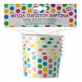Μπολ Παγωτού Χάρτινα Λευκά Χρωματιστό Πουά 240 ml - 6 τμχ.
