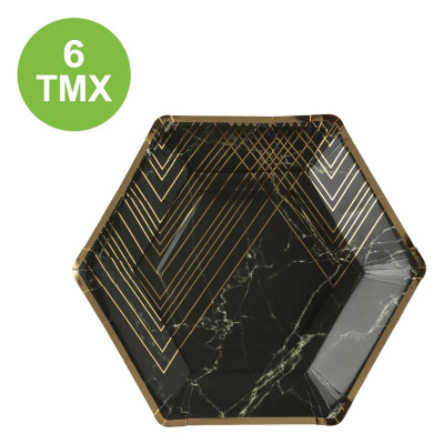 Πιάτα Χάρτινα Μαύρα Εξάγωνα Marble Χρυσό Foil 23 cm - 6 τμχ.