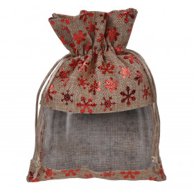 Χριστουγεννιάτικο Πουγκί Λινάτσα Μπεζ Κόκκινες Foil Νιφάδες με Διαφάνεια 15x20cm