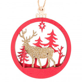  Χριστουγεννιάτικο Στολίδι Δέντρου Ξύλινη Μπάλα Σαμπανί Τάρανδος Glitter 9 cm