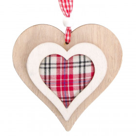 Χριστουγεννιάτικο Στολίδι Δέντρου Ξύλινη Καρδιά Καρό Ύφασμα 10 cm 