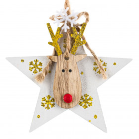 Χριστουγεννιάτικο Στολίδι Δέντρου Ξύλινο Αστέρι Τάρανδος Glitter 9 cm