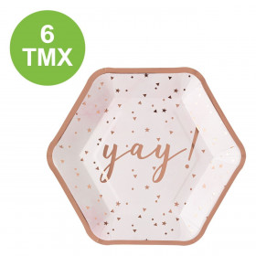 Πιάτα Χάρτινα Λευκά Εξάγωνα Ροζ Χρυσό Foil 'Yay' 18 cm - 6 τμχ.