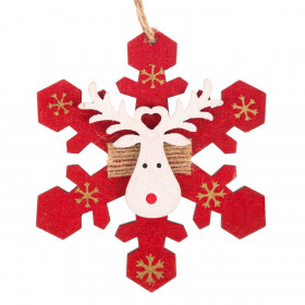 Χριστουγεννιάτικο Στολίδι Δέντρου Ξύλινη Χιονονιφάδα Κόκκινη Λευκός Τάρανδος 10 cm
