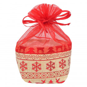 Χριστουγεννιάτικο Πουγκί Μπεζ Λινάτσα Κόκκινα Foil Σχέδια 16x8x16 cm