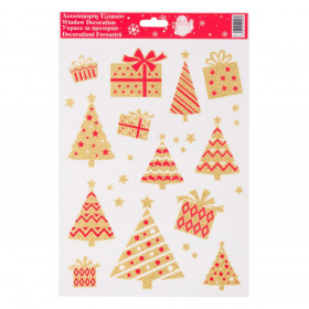 Χριστουγεννιάτικα Αυτοκόλλητα Διακοσμητικά Δέντρα Δώρα Κόκκινα Χρυσό Glitter 20x30cm