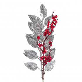 Χριστουγεννιάτικο Διακοσμητικό Κλαδί Ασημί Φύλλα Κόκκινα Berries 45 cm