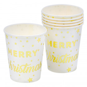 Χριστουγεννιάτικα Ποτήρια Χάρτινα Λευκά Χρυσά Foil Αστέρια 270 ml - 6 τμχ.