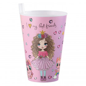Ποτήρι Πλαστικό Ενσωματωμένο Καλαμάκι Ροζ Girls &amp Cats 400ml
