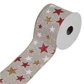 Χριστουγεννιάτικη Διακοσμητική Κορδέλα Δέντρου Μπεζ Αστέρια Glitter - 5 m x 63 mm