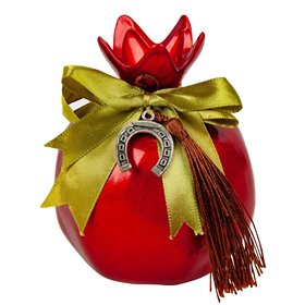 Χριστουγεννιάτικο Διακοσμητικό Γούρι Ρόδι Κεραμικό Κόκκινο Κορδέλα 9cm