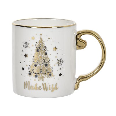 Χριστουγεννιάτικη Κούπα New Bone Λευκή με Χρυσό Χερούλι &amp Χείλος Δέντρο Νιφάδες &quotMake a Wish&quot 355ml
