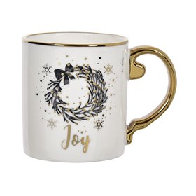 Χριστουγεννιάτικη Κούπα New Bone Λευκή με Χρυσό Χερούλι &amp Χείλος Στεφάνι Νιφάδες &quotJoy&quot 355ml