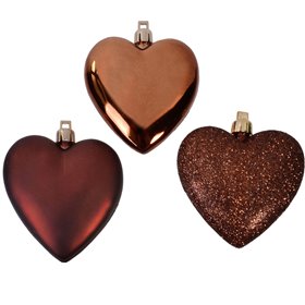 Σετ Χριστουγεννιάτικα Στολίδια Καρδιές Καφέ Ματ Γυαλιστερές Glitter 7 cm - 6 τμχ.