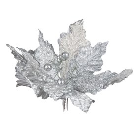 Χριστουγεννιάτικο Λουλούδι Κλιπ Αλεξανδρινό Ασημί Πούλιες Glitter 23 cm