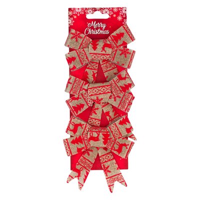 Χριστουγεννιάτικοι Διακοσμητικοί Φιόγκοι Μπεζ Λινό Κόκκινα Σχέδια 14 cm - 3 τμχ.