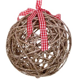 Χριστουγεννιάτικο Στολίδι Δέντρου Μπάλα Διάτρητη Ξύλινη Σαμπανί Glitter Καρό Κορδέλα 10 cm