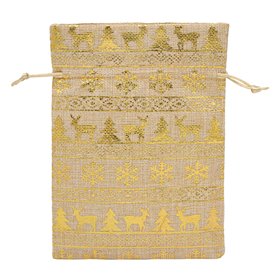 Χριστουγεννιάτικο Πουγκί Λινάτσα Μπεζ Χρυσό Foil Σχέδια 14x19 cm