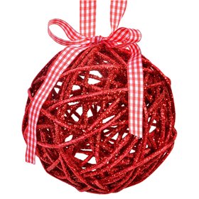Xριστουγεννιάτικο Στολίδι Δέντρου Μπάλα Διάτρητη Glitter Καρό Φιόγκος Κόκκινο Λευκό 10 cm