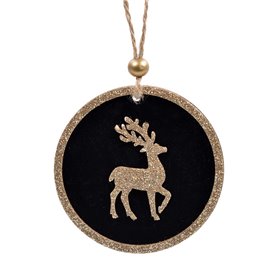 Χριστουγεννιάτικο Στολίδι Δέντρου Ξύλινο Στρογγυλό Μαύρο Βελούδο Τάρανδος Χρυσό Glitter 8cm