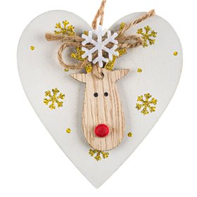 Χριστουγεννιάτικο Στολίδι Δέντρου Ξύλινη Καρδιά Τάρανδος Glitter 9 cm