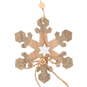 Χριστουγεννιάτικο Στολίδι Δέντρου Ξύλινη Χιονονιφάδα Σαμπανί Glitter 10 cm