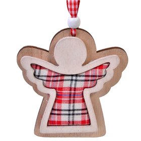 Χριστουγεννιάτικο Στολίδι Δέντρου Ξύλινο Αγγελάκι Καρό Ύφασμα 10 cm 