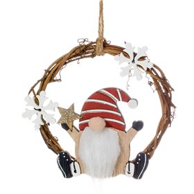 Χριστουγεννιάτικο Στολίδι Δέντρου Ξύλινο Στεφανάκι  Άγιος Βασίλης Gnome Νιφάδες Glitter 8cm
