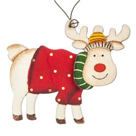 Χριστουγεννιάτικο Στολίδι Δέντρου Vintage Ξύλινος Τάρανδος Κόκκινη Μπλούζα 10 cm