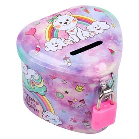 Κουμπαράς Παιδικός με Λουκέτο Μεταλλικός Μωβ Καρδιά Γατούλα 8x8x6 cm