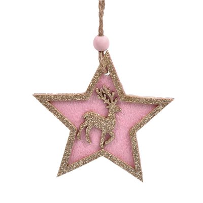 Χριστουγεννιάτικο Στολίδι Δέντρου Ξύλινo Αστέρι Ροζ Βελουτέ Τάρανδος Σαμπανί Glitter 8.5cm