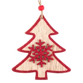 Χριστουγεννιάτικο Στολίδι Δέντρου Ξύλινο Έλατο Κόκκινο Glitter 10 cm