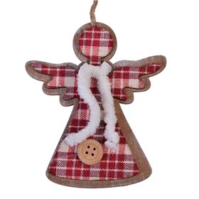 Χριστουγεννιάτικο Στολίδι Δέντρου Ξύλινο Αγγελάκι Καρό Ύφασμα Κουμπί 20 cm