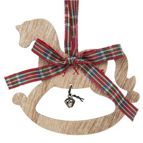 Χριστουγεννιάτικο Στολίδι Δέντρου Ξύλινο Αλογάκι Κουδουνάκι Καρό Κορδέλα 11 cm