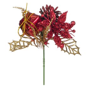 Χριστουγεννιάτικο Διακοσμητικό Κλαδί Κόκκινο Χρυσό Κουκουνάρι Δώρο Glitter 20 cm