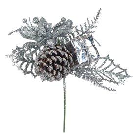 Χριστουγεννιάτικο Διακοσμητικό Κλαδί Ασημί Κουκουνάρι Δώρο Glitter 20 cm