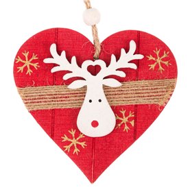 Χριστουγεννιάτικο Στολίδι Δέντρου Ξύλινη Κόκκινη Καρδιά Λευκός Τάρανδος 10 cm