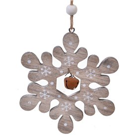 Χριστουγεννιάτικο Στολίδι Δέντρου Ξύλινη Χιονονιφάδα Κουδουνάκι 10 cm