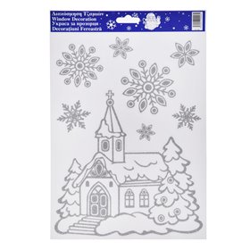 Χριστουγεννιάτικα Αυτοκόλλητα Διακοσμητικά Εκκλησία Νιφάδες Ασημί Glitter 20x30cm