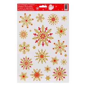 Χριστουγεννιάτικα Αυτοκόλλητα Διακοσμητικά Νιφάδες Κόκκινες Χρυσό Glitter 20x30cm