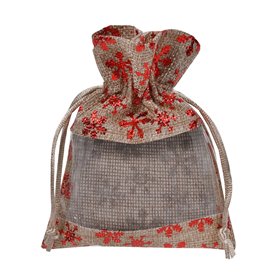 Χριστουγεννιάτικο Πουγκί Λινάτσα Μπεζ Κόκκινες Foil Νιφάδες με Διαφάνεια 10x13cm