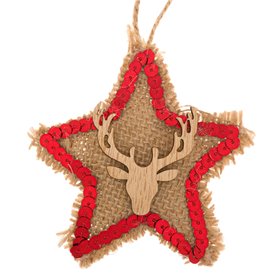  Χριστουγεννιάτικο Στολίδι Δέντρου Αστέρι Λινάτσα Ξύλινος Τάρανδος Παγιέτες 10 cm