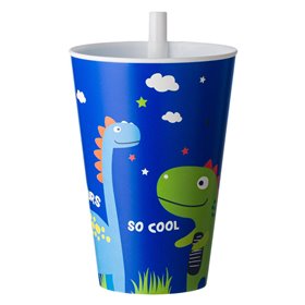 Ποτήρι Πλαστικό Ενσωματωμένο Καλαμάκι Μπλε Δεινόσαυρος 400ml 