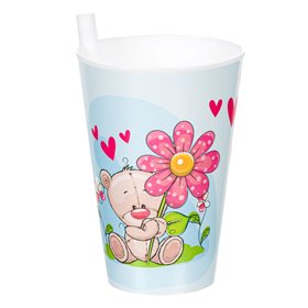 Ποτήρι Πλαστικό για Κορίτσι Λευκό Αρκουδάκι Ενσωματωμένο Καλαμάκι 400 ml